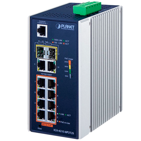 PLANET™  Industrial 8-Port 10/100/1000T 802.3at PoE + 2-Port 10/100/1000T + 2-Port 100/1000X SFP Managed Switch (Din Rail) - L2 (240W) [IGS-4215-8P2T2S]