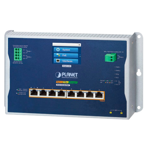 PLANET™  Industrial L2+ 8-Port 10/100/1000T 802.3bt PoE + 2-Port 1G/2.5G SFP Wall-mount Managed Switch with LCD Touch Screen - L2+/L2 (720W) [WGS-5225-8UP2SV]