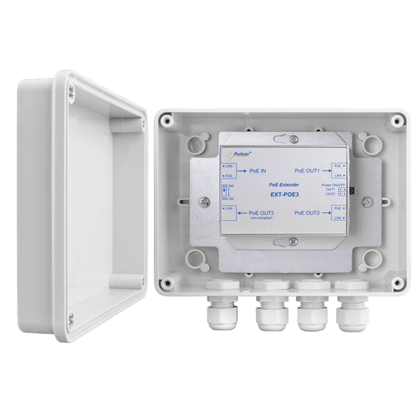 PULSAR® 3-Ports (Out, 2-Ports PoE Only) PoE Extender - Hermetic Enclosure [EXT-POE3H]