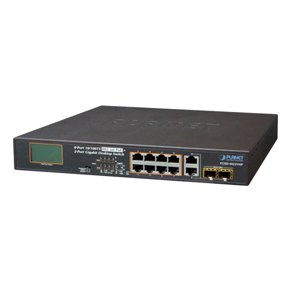 PLANET™ 8-Port 10/100TX 802.3at PoE + 2-Port Gigabit TP/SFP Combo Desktop Switch with PoE LCD Monitor - 120W [FGSD-1022VHP]