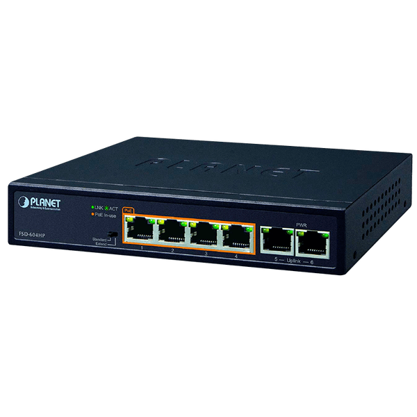 PLANET™ 4-Port 10/100TX 802.3af/at PoE + 2-Port 10/100TX Desktop Switch - 60W [FSD-604HP]