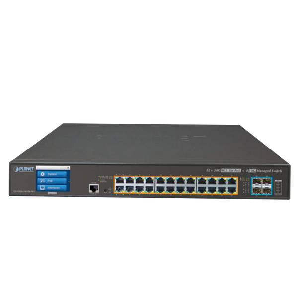 PLANET™ 24-Port Ultra PoE + 4-Port 10G SFP+ Managed Switch with LCD Touch Screen - L2+ with L3 Static Routing (600W) [GS-5220-24UPL4XV]