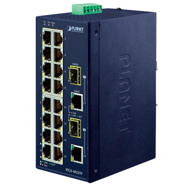 PLANET™ Industrial 16-Port 10/100TX + 2-Port Gigabit TP/SFP Combo Ethernet Switch [IFGS-1822TF]