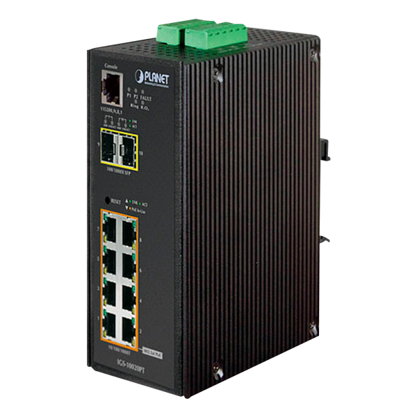 PLANET™ 8-Ports (+2 SFP) PoE Industrial Manageable Gigabit Switch - L2+ with L3 Static Routing - DIN Rail (240W) [IGS-10020PT]