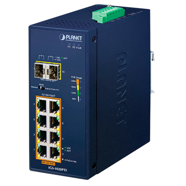 PLANET™ Industrial 8-Port 10/100/1000T 802.3at PoE + 2-Port 100/1000X SFP Ethernet Din Rail Switch - (240W) [IGS-1020PTF]