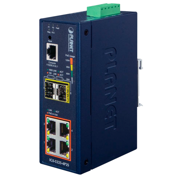 PLANET™ Industrial 4-Port 10/100/1000T 802.3at PoE + 2-Port 100/1000X SFP Managed Ethernet Switch (Din Rail) - L2+ (144W) [IGS-5225-4P2S]