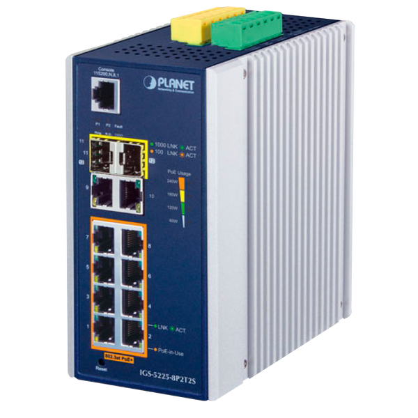 PLANET™ Industrial 8-Port 10/100/1000T 802.3at PoE + 2-Port 10/100/1000T+ 2-Port 100/1000X SFP Managed Ethernet Switch (Din Rail) - L2+ (240W) [IGS-5225-8P2T2S]