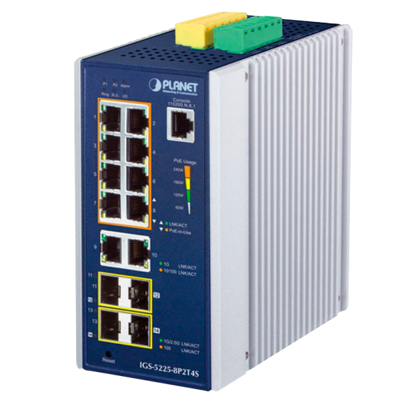 PLANET™ Industrial L2+ 8-Port 10/100/1000T 802.3at PoE + 2-Port 10/100/1000T + 2-Port 100/1G SFP + 2-Port 1G/2.5G SFP Managed Ethernet Switch (Din Rail) - L2+ (240W) [IGS-5225-8P2T4S]