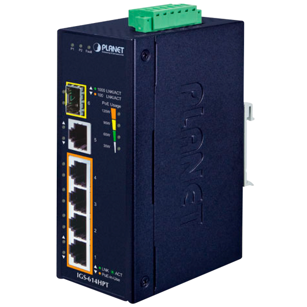 PLANET™ Industrial 4-Port PoE+ & + 1-Port + 1-Port SFP Gigabit Ethernet Switch [IGS-614HPT]