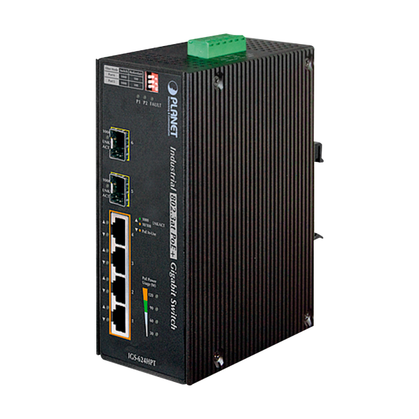 PLANET™ Industrial 4-Port 10/100/1000T 802.3at PoE+ w/ 2-Port 100/1000X SFP Ethernet Switch - DIN Rail (120W) - L2 [IGS-624HPT]