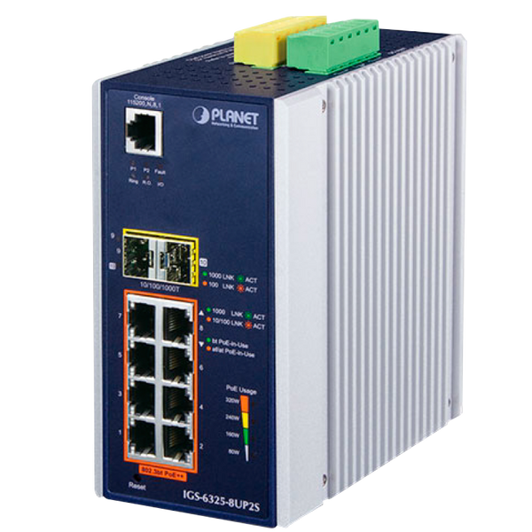 PLANET™ Industrial 8-Port 10/100/1000T 802.3bt PoE (+2 SFP) Managed Switch (Din Rail) - L3 (360W) [IGS-6325-8UP2S]