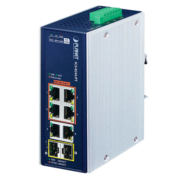 PLANET™ Industrial 4-Port 10/100/1000T 802.3bt PoE + 2-Port 10/100/1000T + 2-Port 100/1000X SFP Gigabit Ethernet Switch (Din Rail) - L2 (240W) [IGS-824UPT]