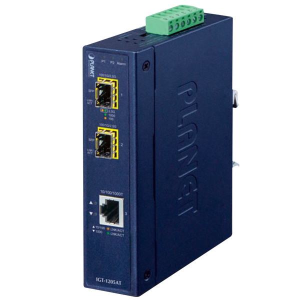 PLANET™ Industrial 10/100/1000T to 2-port 100/1000X SFP Media Converter (Din Rail) [IGT-1205AT]