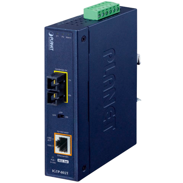 PLANET™ 1000BASE-X to 10/100/1000BASE-T 802.3at PoE+ Industrial Media Converter (Din Rail) - L2 (30W) [IGTP-802T]