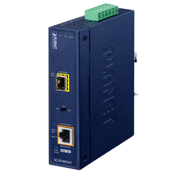 PLANET™ 1000BASE-X to 10/100/1000BASE-T 802.3at PoE+ Industrial Media Converter (Din Rail) - L2 (30W) [IGTP-805AT]