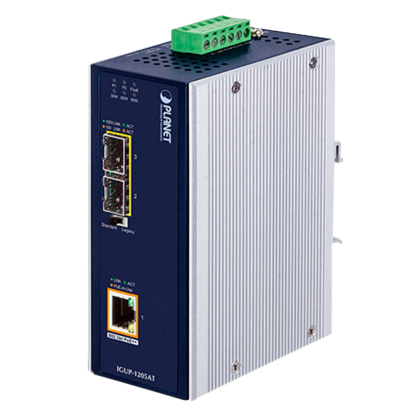 PLANET™ Industrial 2-Port 100/1000X SFP to 1-Port 10/100/1000T 802.3bt PoE++ Media Converter (Din Rail) - L2 (95W) [IGUP-1205AT]