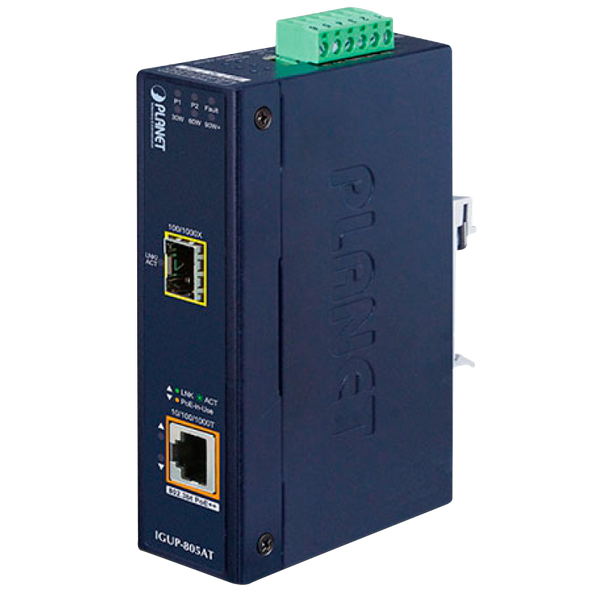 PLANET™ Industrial 1-Port 100/1000X SFP to 1-Port 10/100/1000T 802.3bt PoE++ Media Converter (Din Rail) - L2 (95W) [IGUP-805AT]