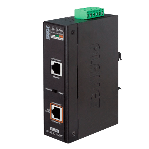 PLANET™ Industrial Single-Port 10/100/1000Mbps 802.3bt PoE Injector (60W) - DIN Rail [IPOE-171-60W]