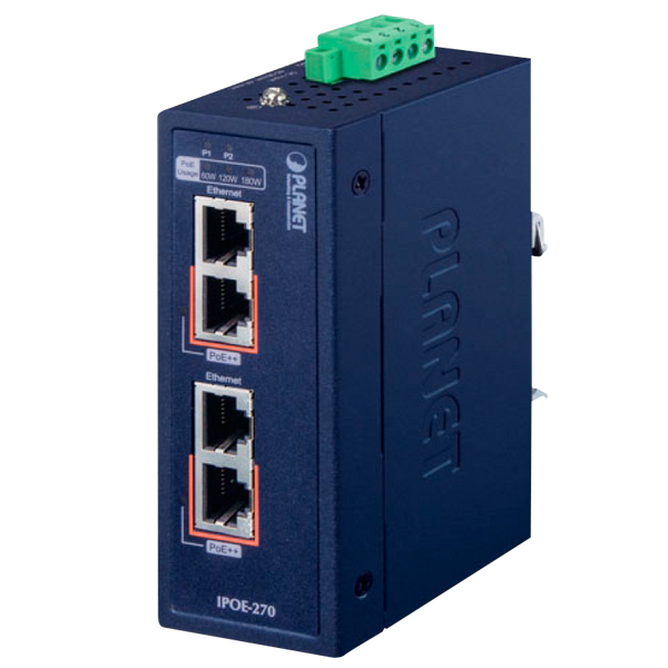 PLANET™ Industrial 2-port Multi-Gigabit 802.3bt PoE++ Injector Hub (Din Rail) - (180W) [IPOE-270]