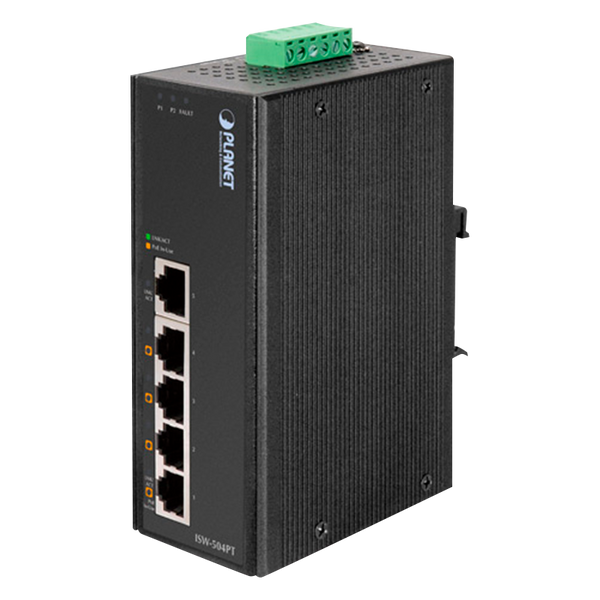 PLANET™ Industrial 5-Port 10/100TX Ethernet Switch with 4-Port 802.3at PoE+ - DIN Rail (120W) [ISW-504PT]