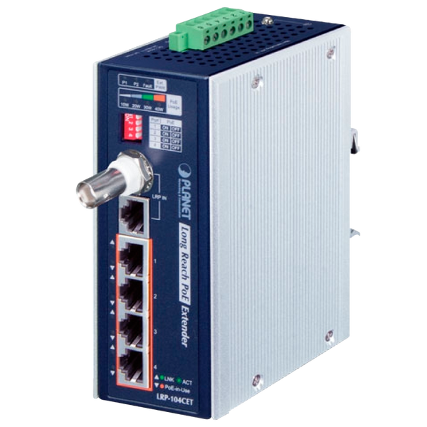 PLANET™ Industrial 4-Port 10/100TX PoE + 1-Port Coax Long Reach PoE Extender - DIN Rail [LRP-104CET]