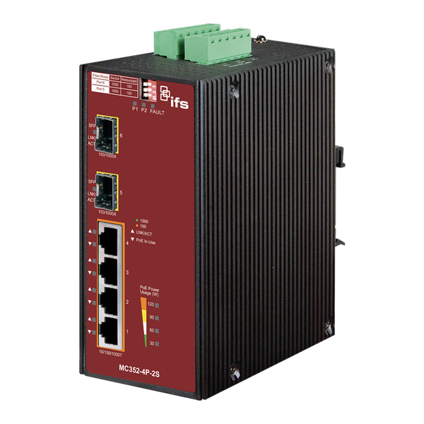 UTC™ IFS® 4-Port (+2 SFP) Industrial PoE+ Non-Manageable Gigabit Ethernet Media Converter - DIN Rail [MC352-4P-2S]