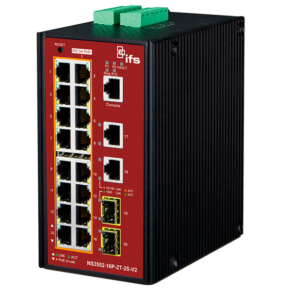 UTC™ IFS® 16-Ports (+2 SFP) PoE+ Industrial Manageable Gigabit Switch - L2 [NS3552-16P-2T-2S-V2]