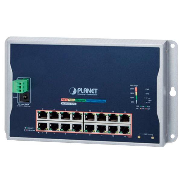 PLANET™ Industrial 16-Port 10/100/1000T 802.3at PoE + 2-Port 100/1000X SFP Wall-Mounted Managed Switch (Din Rail) - L2 (240W) [WGS-4215-16P2S]