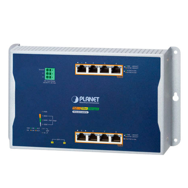 PLANET™ Industrial 4-Port 10/100/1000T 802.3bt PoE + 4-Port 10/100/1000T 802.3at PoE + 2-Port 100/1000X SFP Wall-mount Managed Switch - L2+/L2 (360W) [WGS-4215-8HP2S]