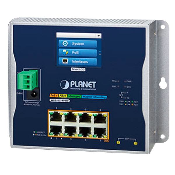 PLANET™ Industrial 8-port 10/100/1000T 802.3at PoE + 2-port 1G/2.5G SFP Wall-Mount Managed Switch with LCD Touch Screen (Din Rail) - L2+/L4 (240W) [WGS-5225-8P2SV]