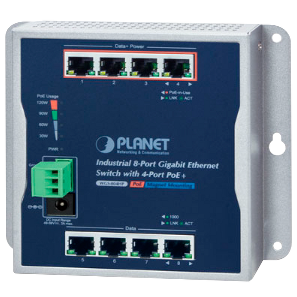 PLANET™ 8-Port 10/100/1000T Wall Mounted Gigabit Ethernet Switch with 4-Port PoE+ (Din Rail) - L2 (120W) [WGS-804HP]