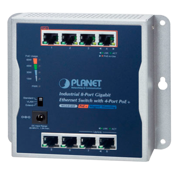 PLANET™ Industrial 8-Port 10/100/1000T Wall-Mounted Gigabit Switch with 4-port PoE+ (Din Rail) - L2 (60W) [WGS-814HP]