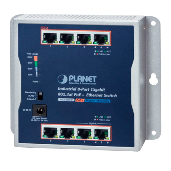 PLANET™ Industrial 8-Port 10/100/1000T Wall-mounted Gigabit PoE+ Switch (Din Rail) - L2 (120W) [WGS-818HP]